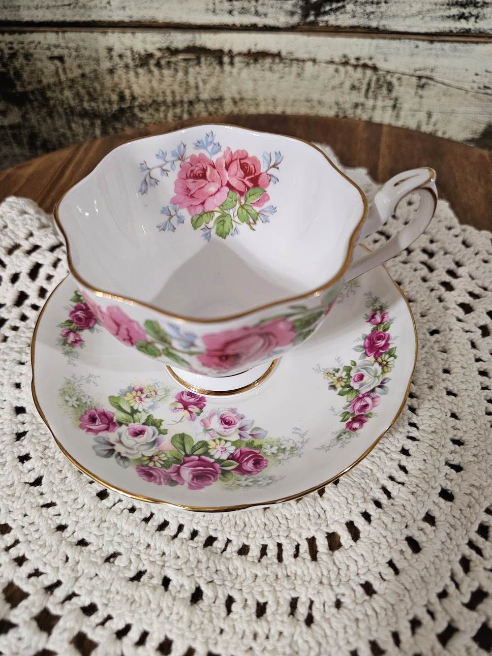 Vintage Floral Pink Rose Teacup and Saucer - China